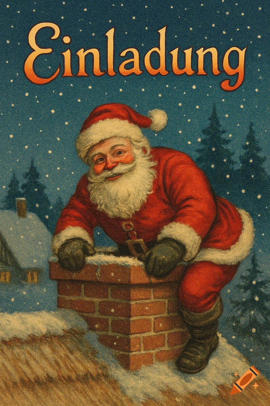 Vintage illustration of Santa Claus climbing down a snowy chimney on a rooftop at night, with 'Einladung' text above.