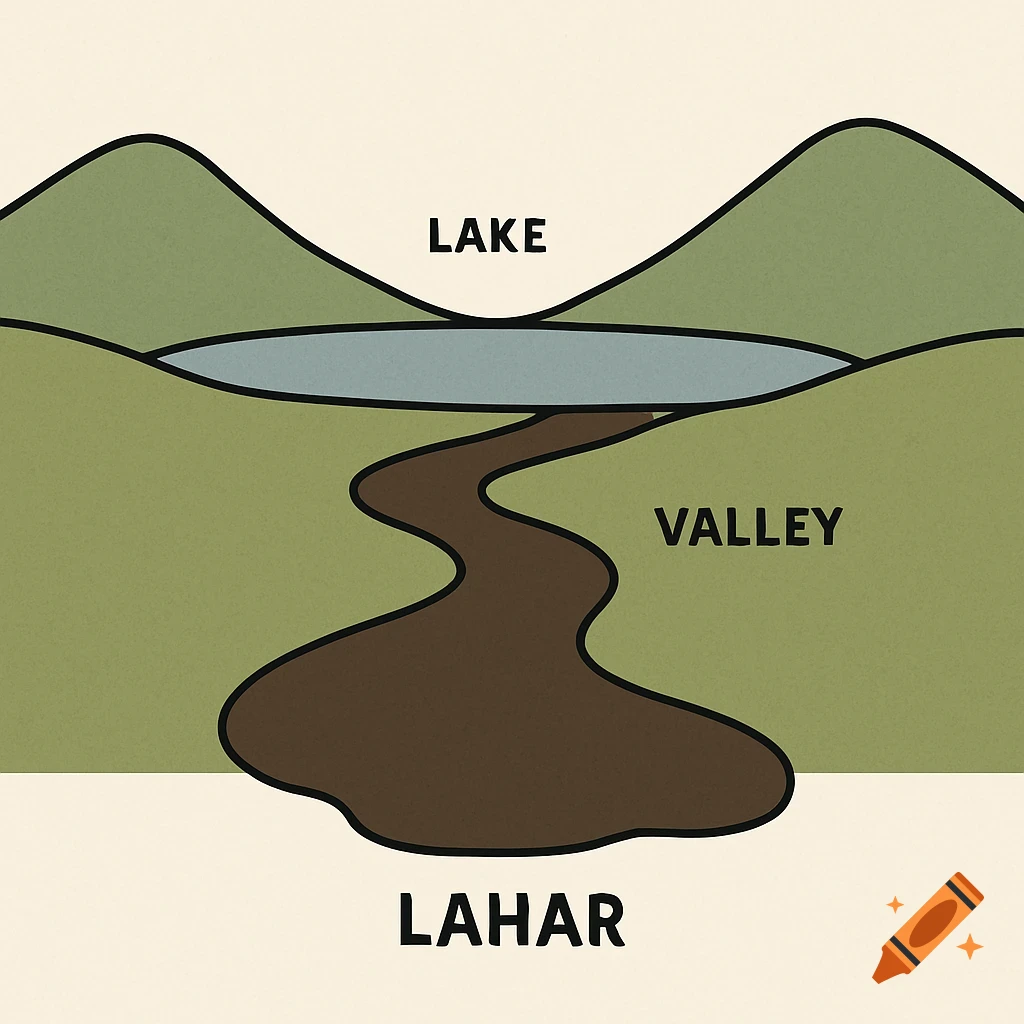 A simple diagram showing a lake between two mountains, with a lahar flowing from the lake into a valley below.