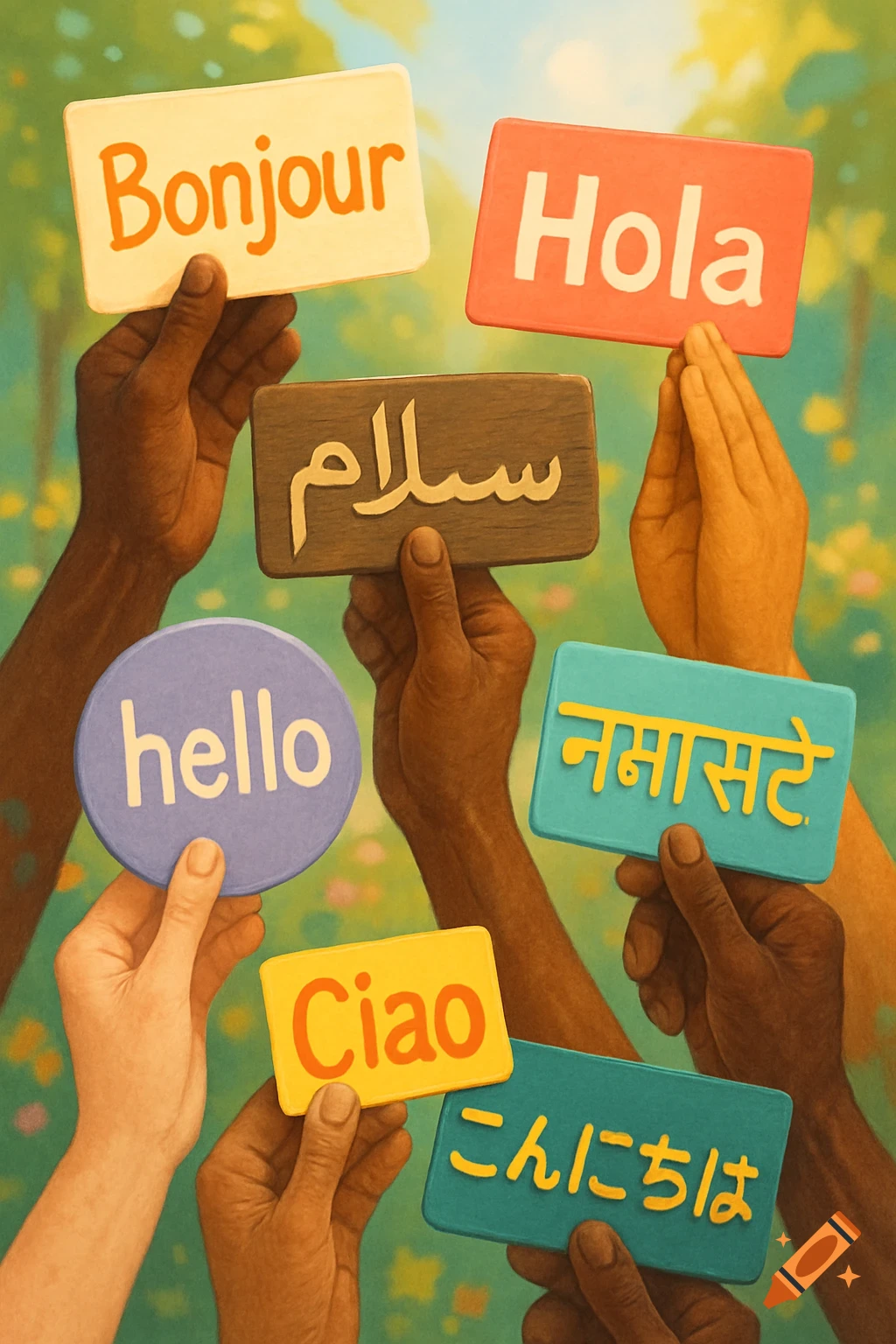 Diverse hands hold colorful signs with 'hello' in different languages: Bonjour, Hola, Salam, Namaste, Ciao, Konnichiwa, in an illustration.