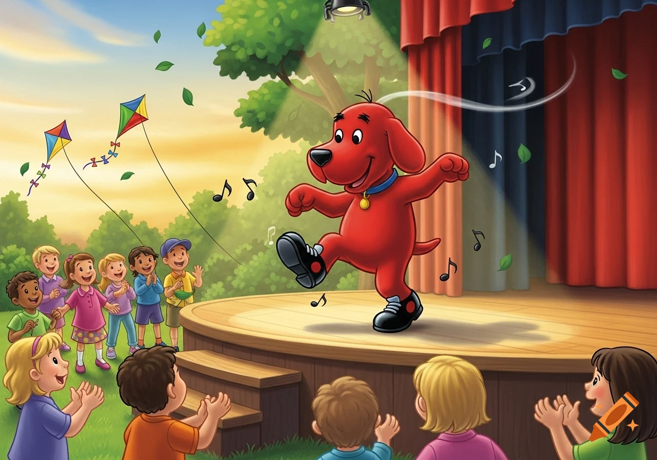 Clifford the Big Red Dog tap dances on an outdoor stage for an audience of cheering children, with kites and musical notes in the air.