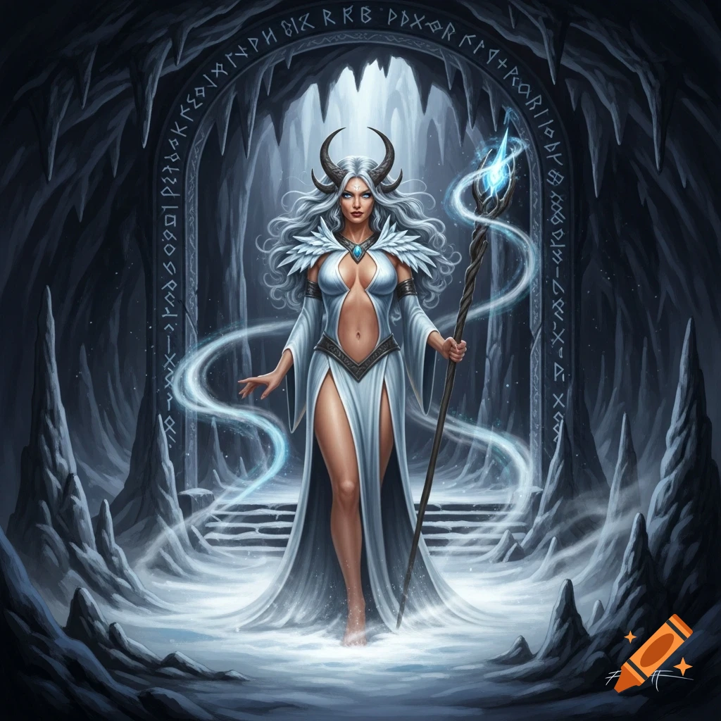 A white-haired sorceress with horns and a revealing white dress holds a glowing staff in an icy cave with a runic archway, painted in a fantasy art style.
