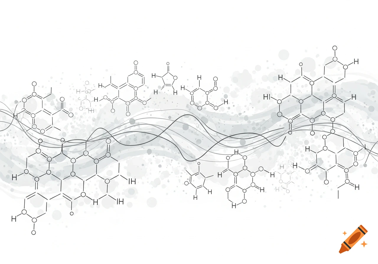 A white background with gray waves and splatters features a complex network of black and white chemical molecular structures.