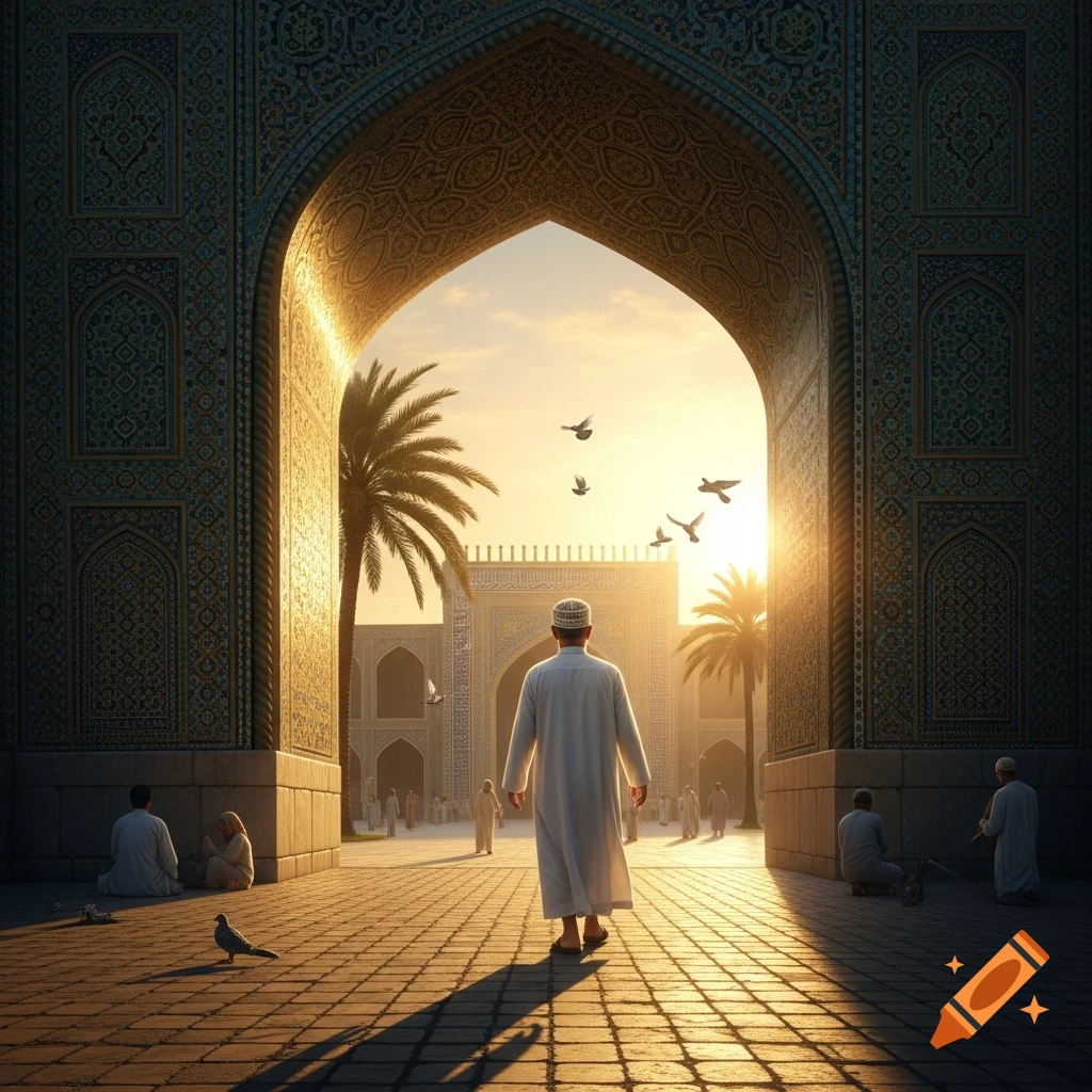 Photorealistic image of a man in a white robe walking through an ornate archway of a mosque towards a bright sunset.