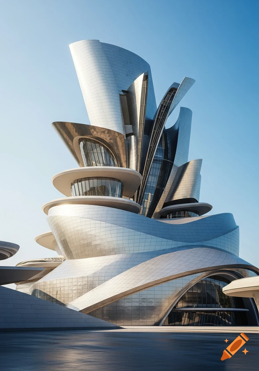 A towering, photorealistic modern building with numerous curved, metallic, and glass facades against a clear blue sky.