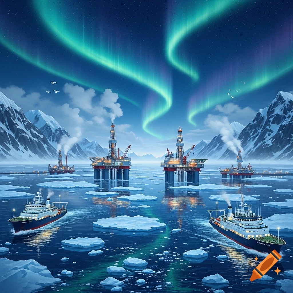 Stylized illustration of oil rigs and ships amidst ice floes in an arctic sea under vibrant northern lights.