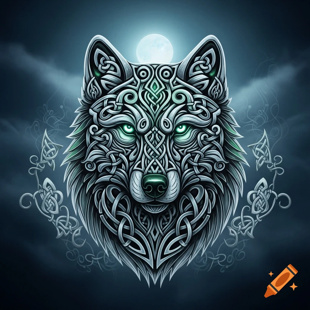 Stylized wolf head made of intricate silver and green Celtic knot patterns with glowing eyes, under a full moon.