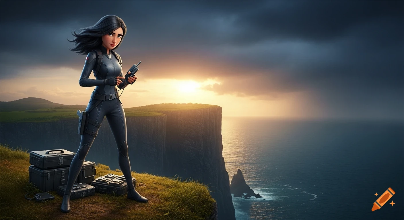 A 3D animated female spy in a black tactical suit holds a radio on a grassy cliff overlooking a dramatic ocean sunset.