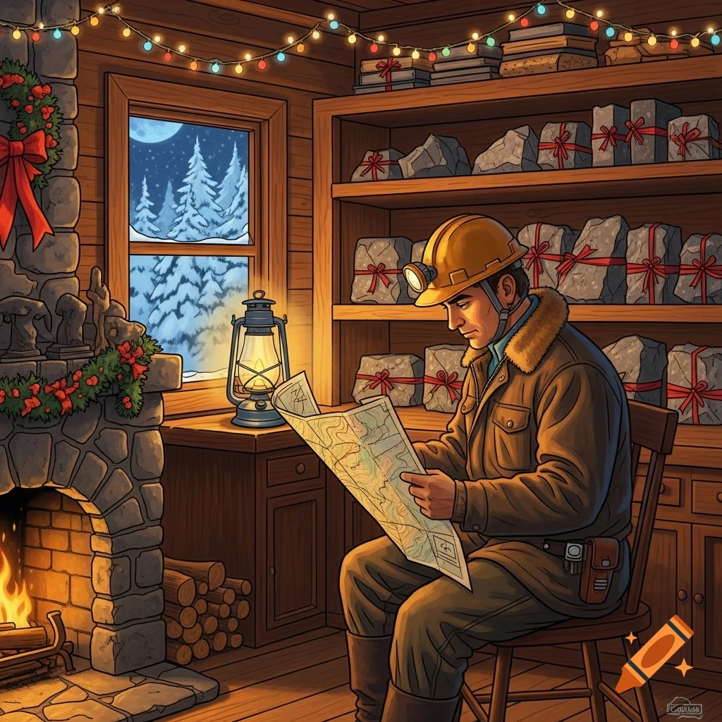 An illustration of a miner in a hard hat reading a map in a cozy Christmas-decorated cabin with a fireplace and snow outside.