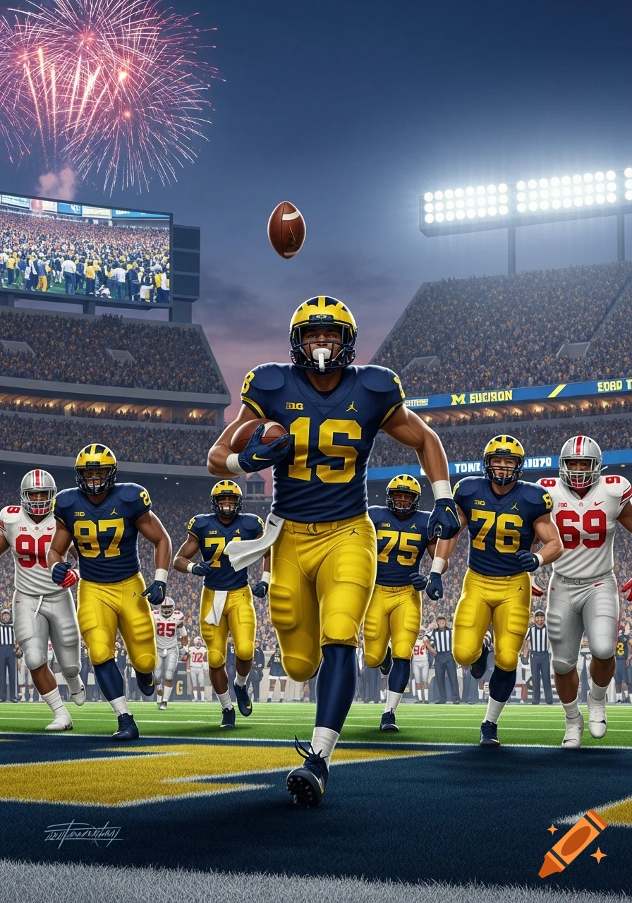 A dynamic shot of Michigan Wolverines football players running on a field with a blurred Ohio State player, fireworks, and a crowded stadium at dusk.