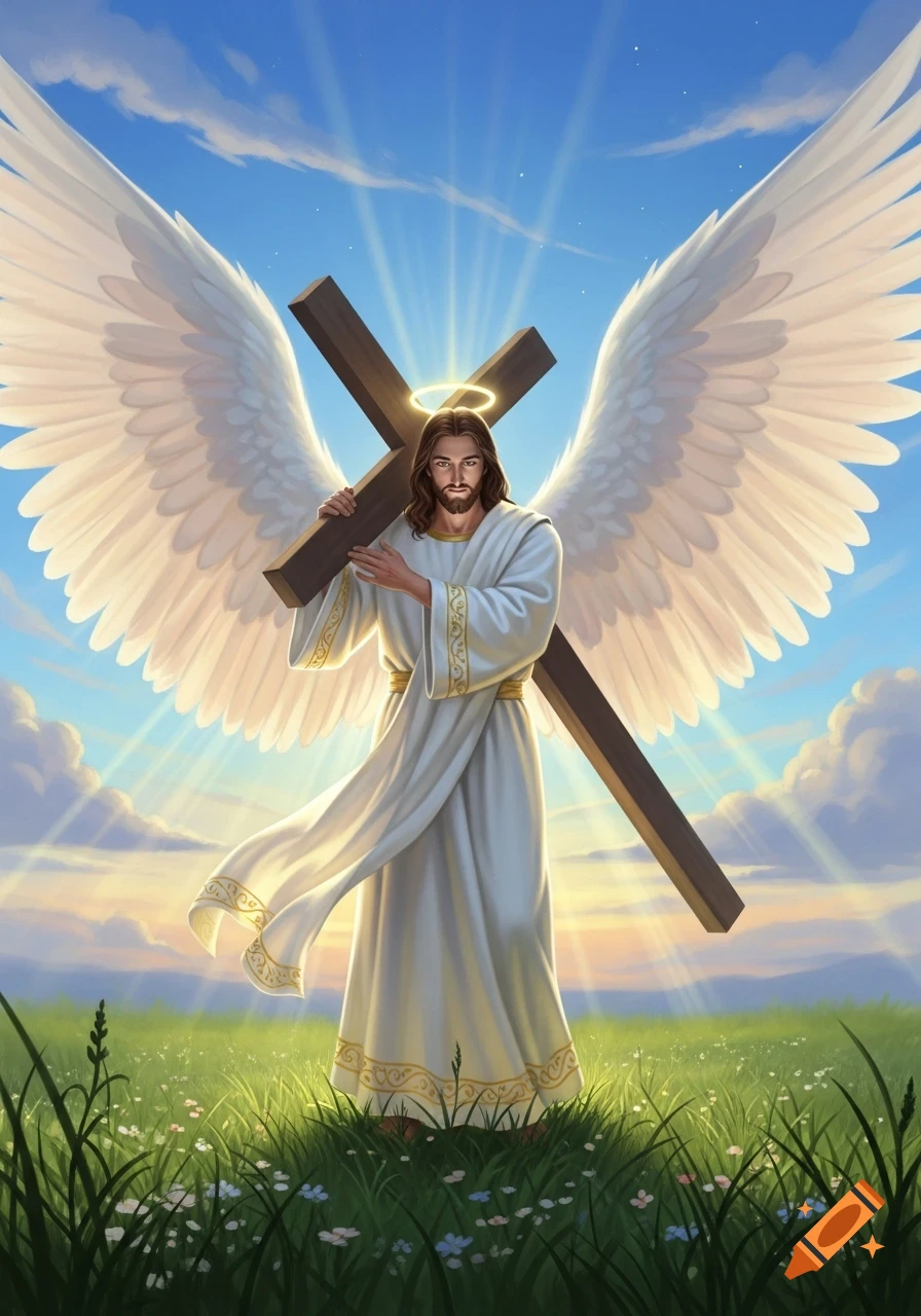 Illustrative image of Jesus Christ with angel wings, halo, and white robe, carrying a cross in a vibrant green field under a bright sky.