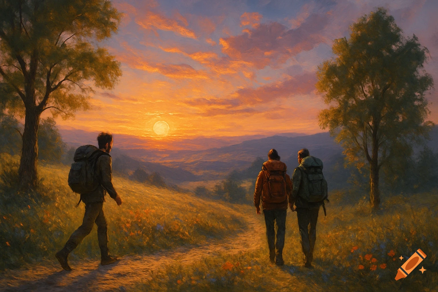 Three hikers with backpacks walk on a path through a golden grassy landscape towards a sunset over mountains, in a painterly style.