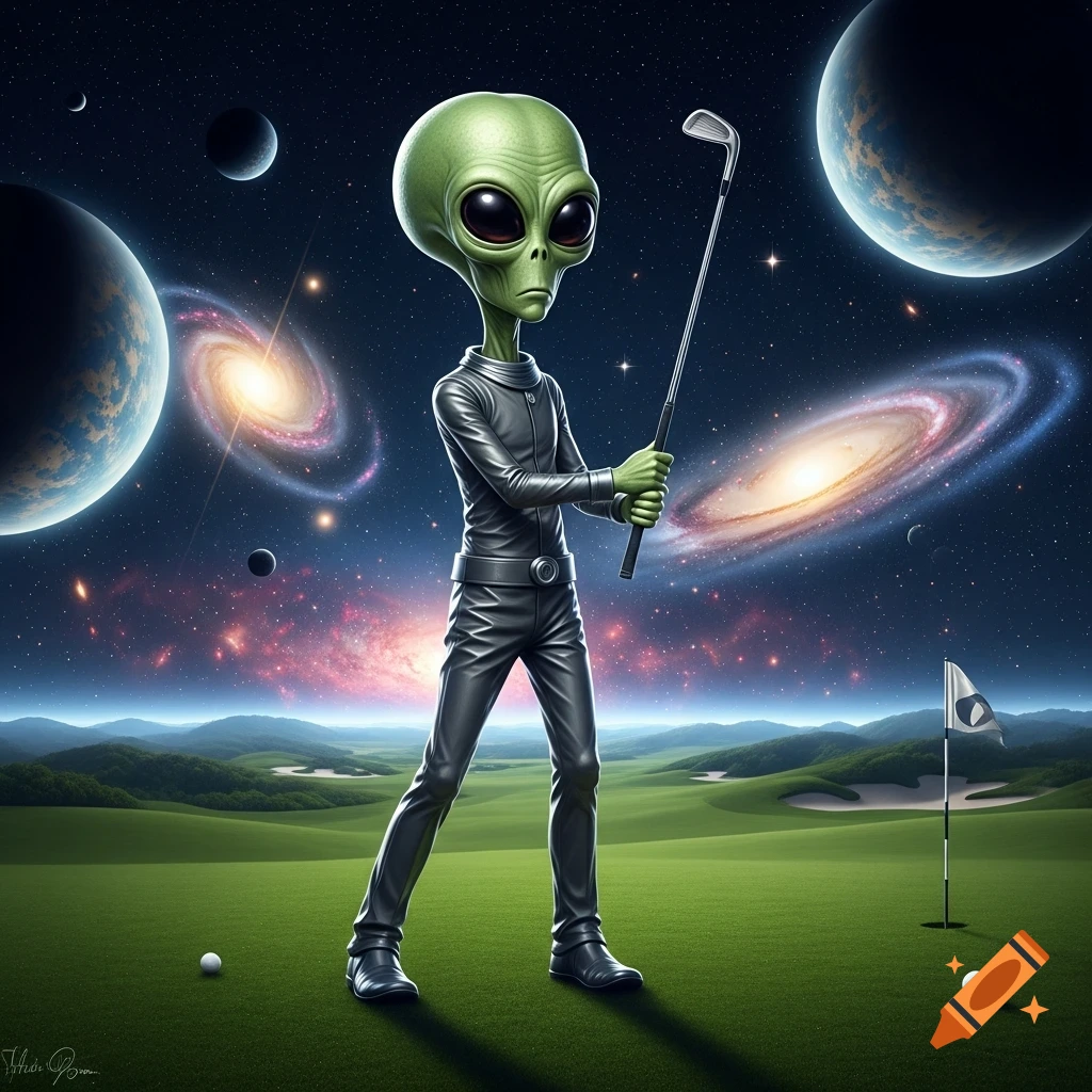 A green-skinned alien in a dark suit holds a golf club on a green golf course under a starry space sky with planets and galaxies.