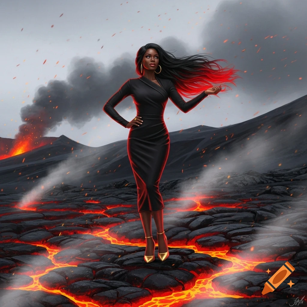 A Black woman with long black hair with red tips, wearing a black dress and gold heels, stands on a fiery volcanic landscape with erupting volcanoes in the background.