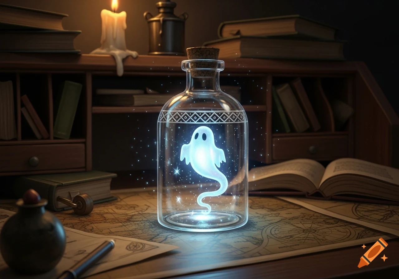 A glowing, cartoonish ghost trapped in a corked glass bottle on a dimly lit wooden desk with books, a map, and a lit candle.