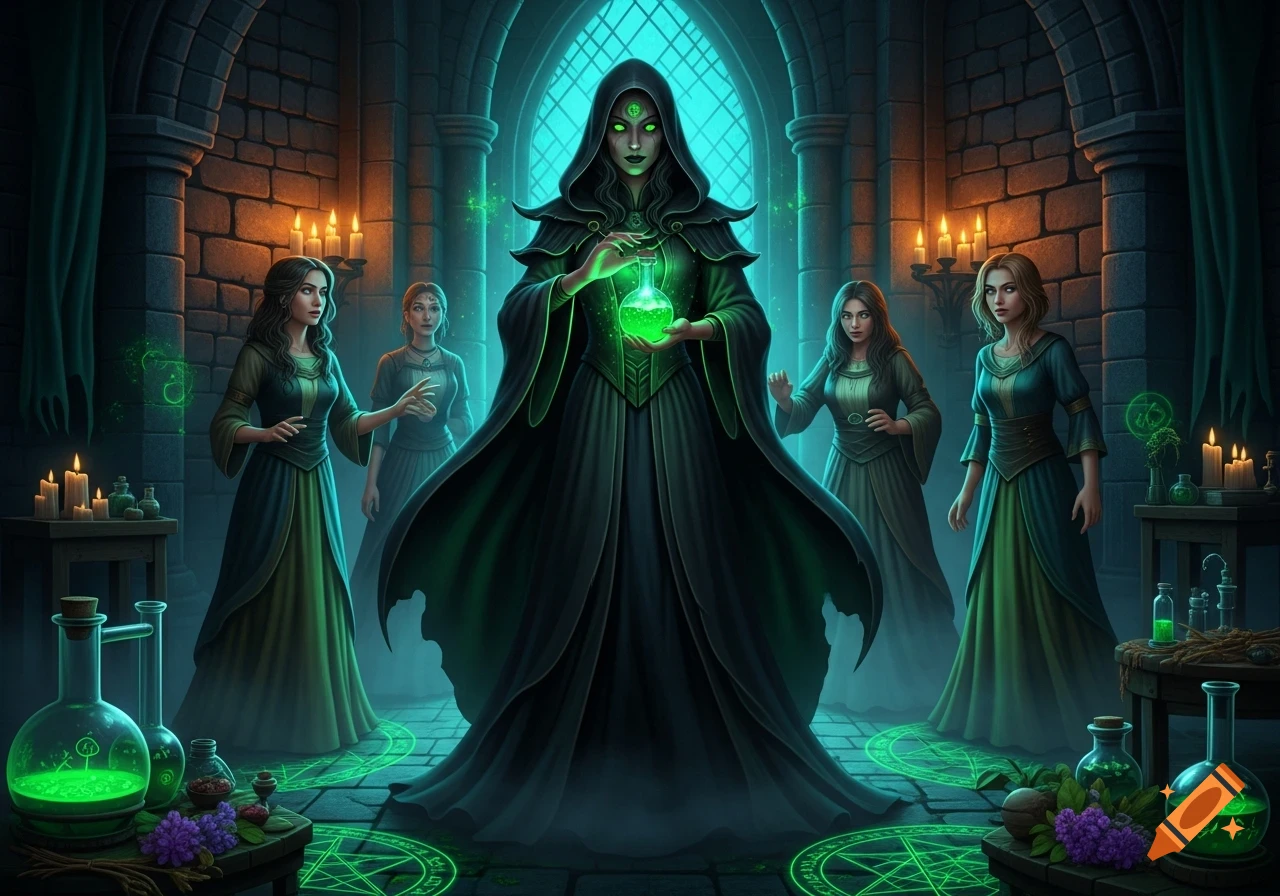 A dark fantasy scene showing a cloaked witch holding a glowing green potion, surrounded by four other women in a stone chamber with magical symbols and candles.