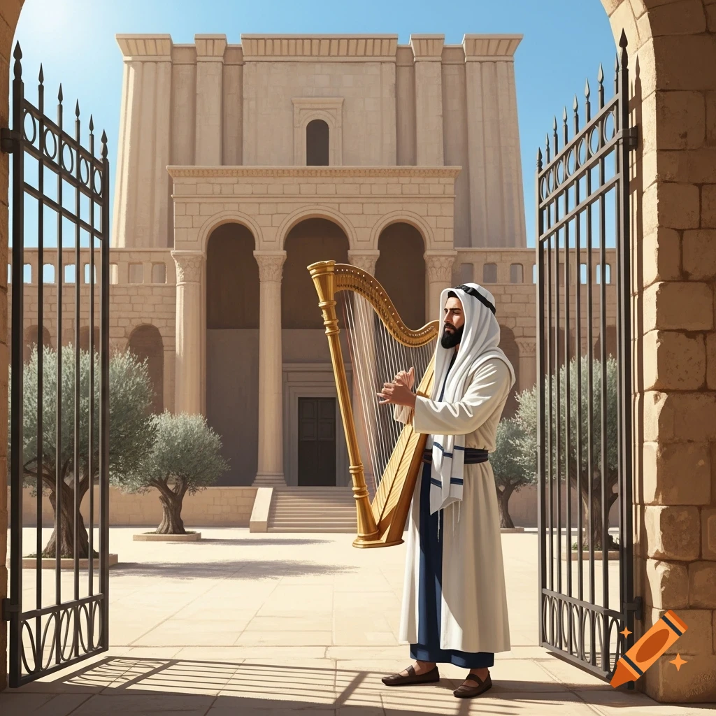 A man in ancient robes plays a golden harp outside a grand ancient temple with open ornate gates.