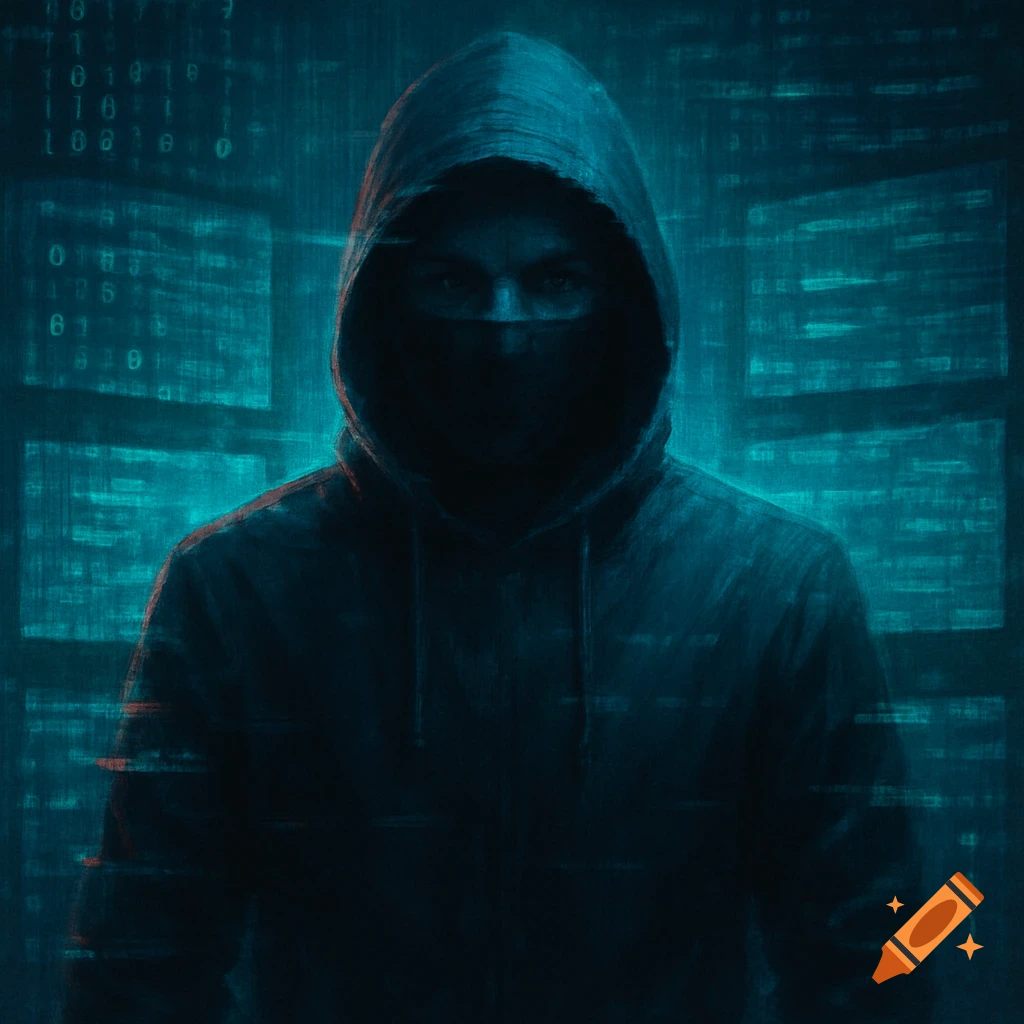 A dark, glitched digital painting of a hooded hacker with a black mask covering their face, surrounded by glowing blue binary code and abstract data patterns.