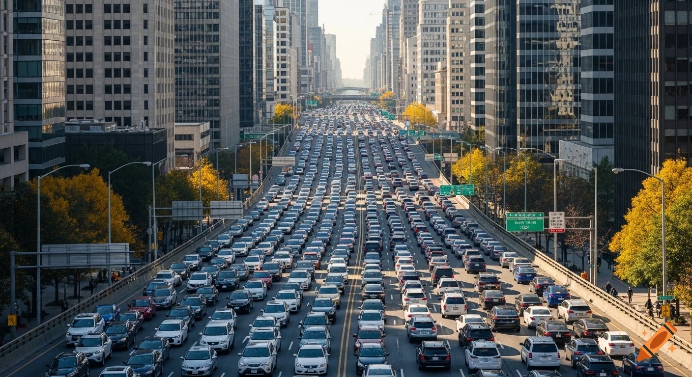 A photorealistic aerial view of a massive traffic jam on a multi-lane highway in a bustling city, lined with tall buildings and autumn trees.