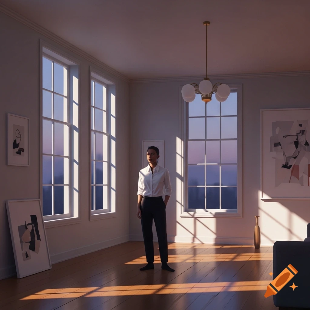 A woman in a white shirt and dark pants stands in a sunlit modern room with large windows, abstract art, and a chandelier.