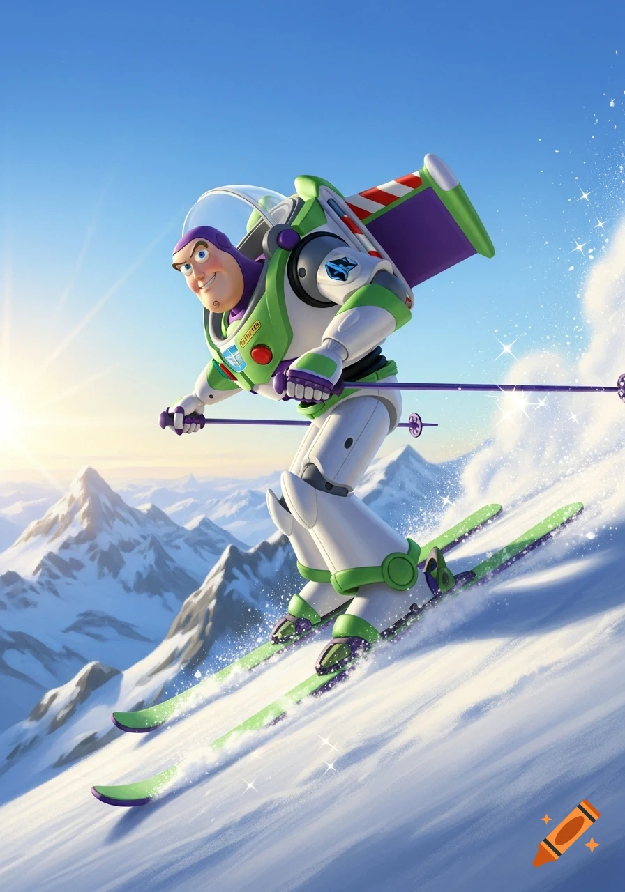Buzz Lightyear enthusiastically skis down a snowy mountain, holding ski poles under a bright blue sky.