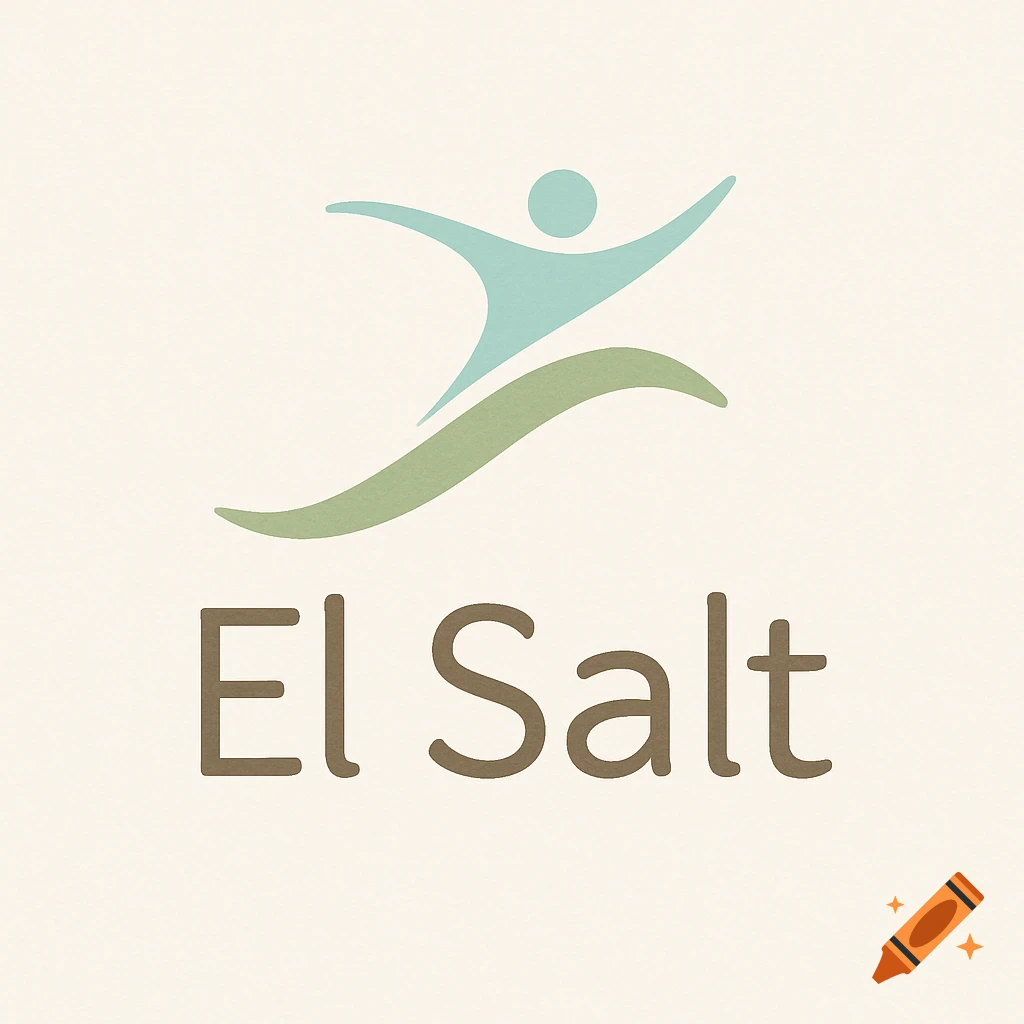 Minimalist logo with a teal abstract figure leaping over a green wave-like shape, with 'El Salt' text below on a light beige background.