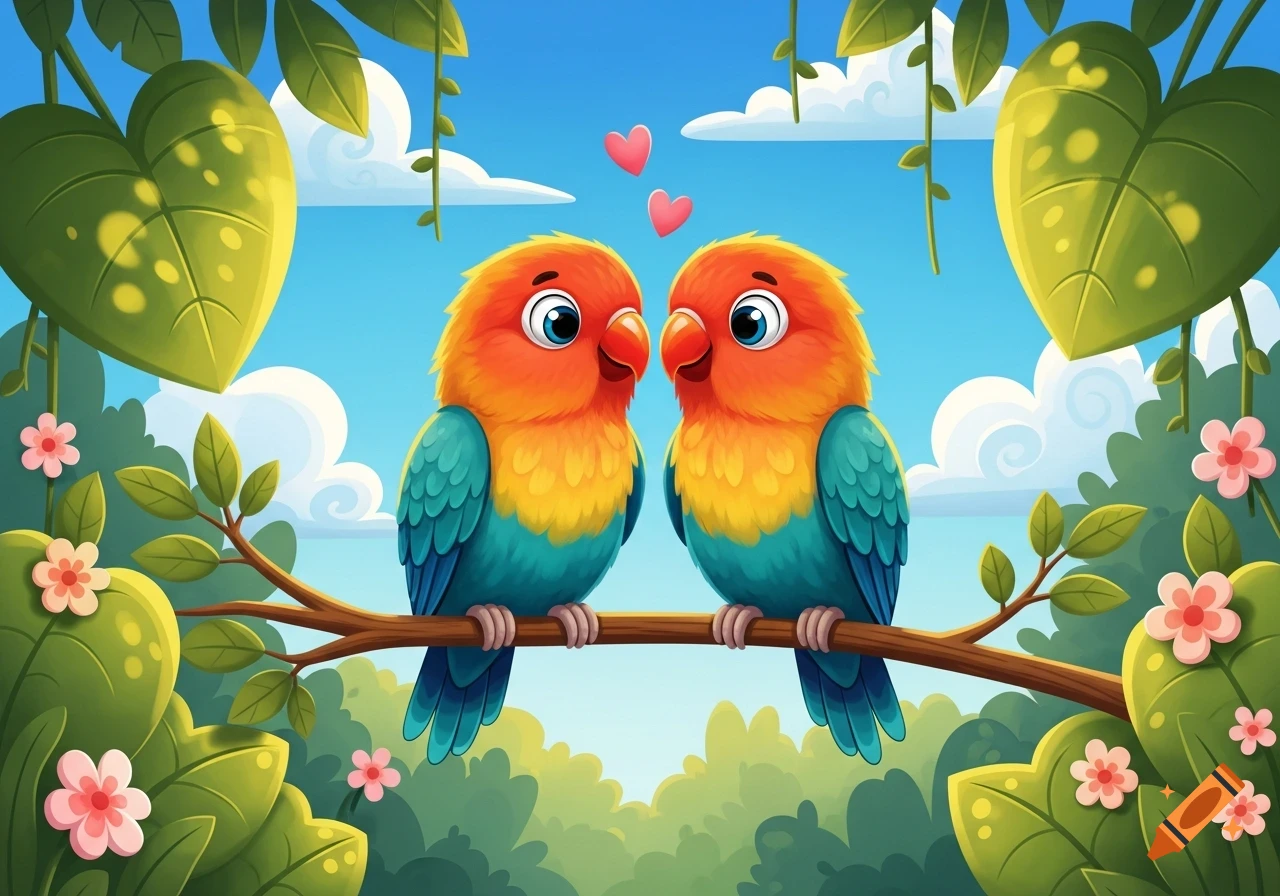 Two vibrant cartoon lovebirds with hearts above them sit on a branch in a lush, green jungle under a blue sky.