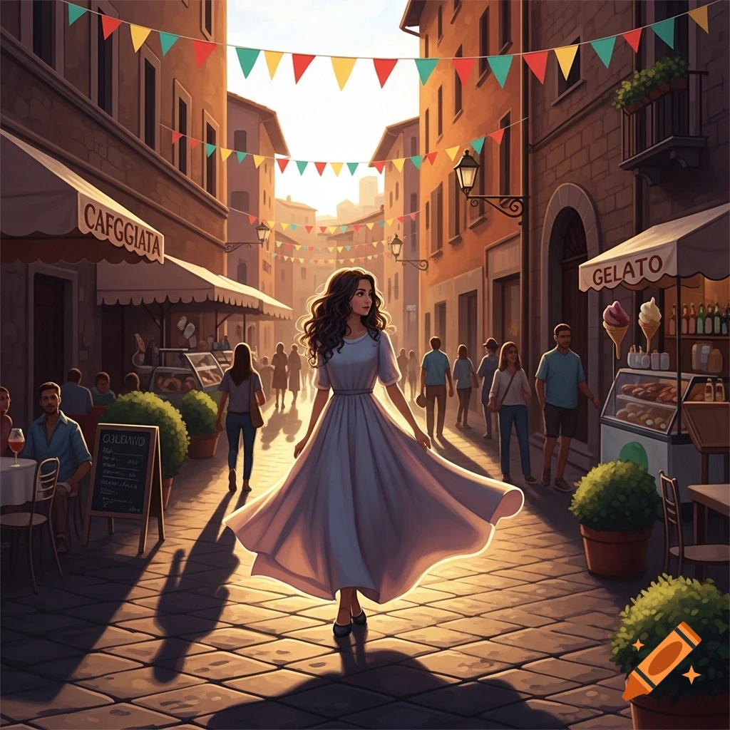 A woman in a white dress walks through a sunny, festive European street ...