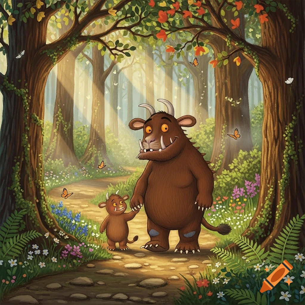 The Gruffalo and his child walk hand-in-hand on a forest path, sun rays stream through the trees in a whimsical illustration.