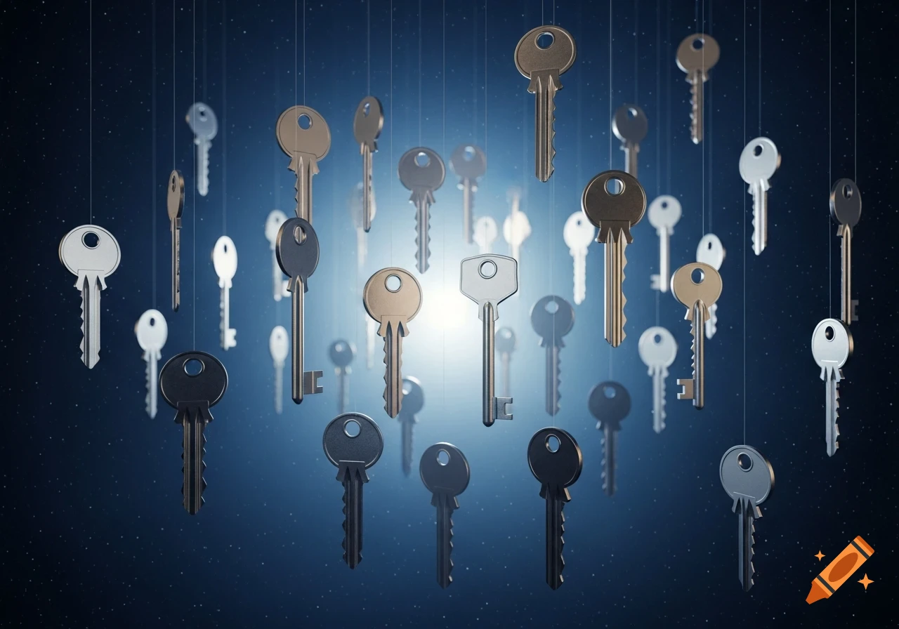 Numerous silver and gold keys hang suspended by thin lines against a dark blue, star-filled background with a central glow.