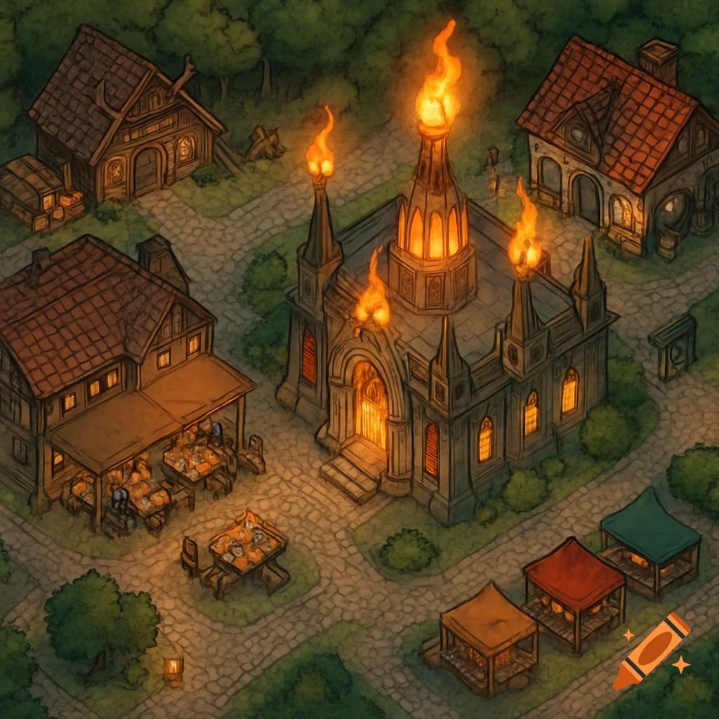 Top-down isometric fantasy RPG map of a village with a flaming temple, bar, inn, lodge, and market stalls.