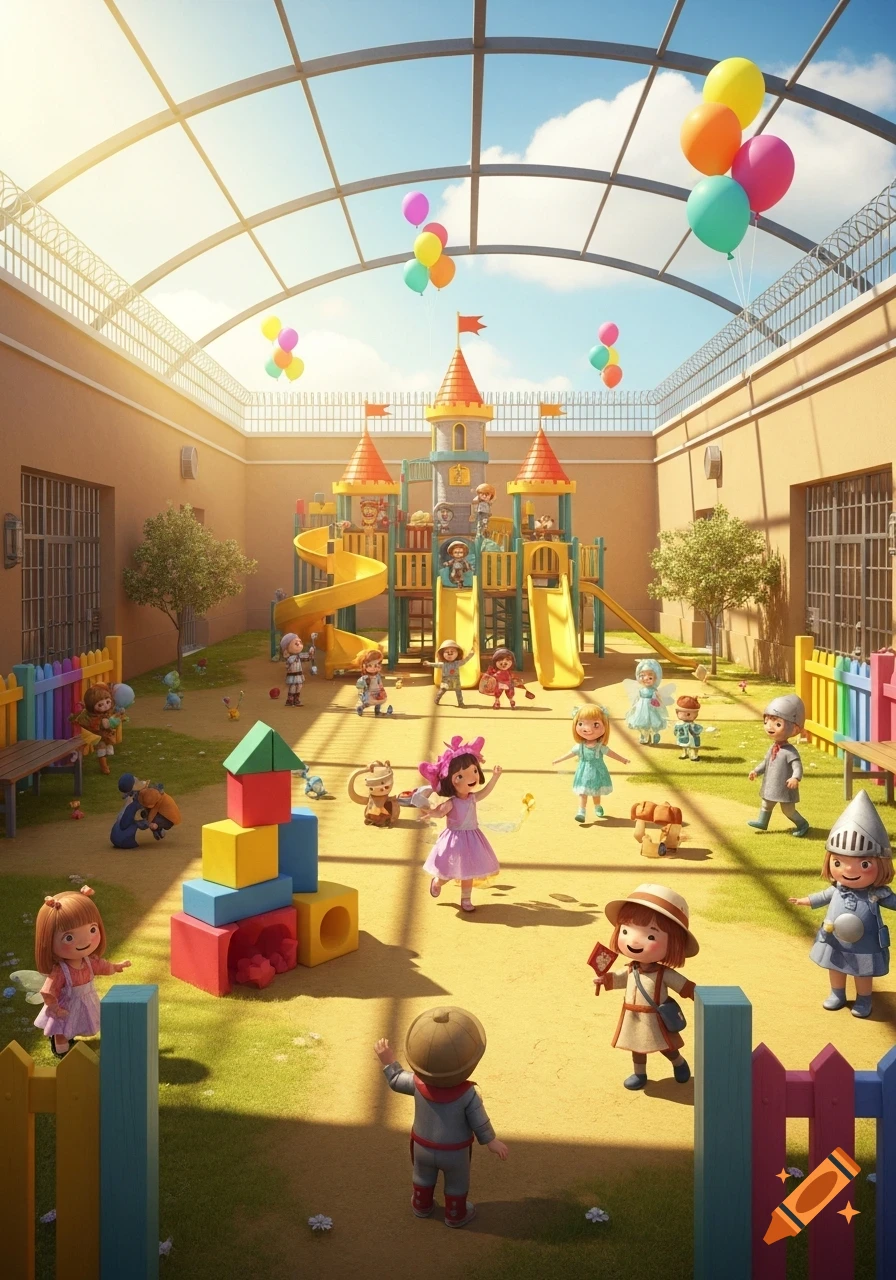 Children in various costumes play in a colorful, stylized playground with a castle structure, slides, and fences, under a clear sky.