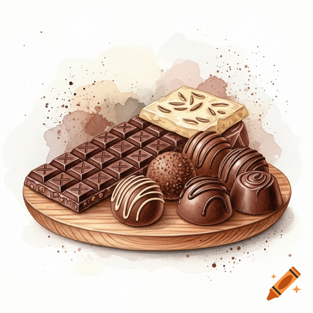 Watercolor illustration of a chocolate bar and an assortment of pralines on a wooden board with subtle watercolor splashes.
