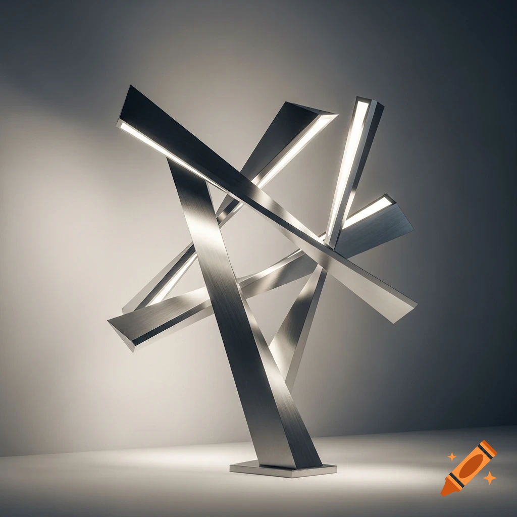 A modern, abstract table lamp with intersecting brushed metal sections emitting white light.