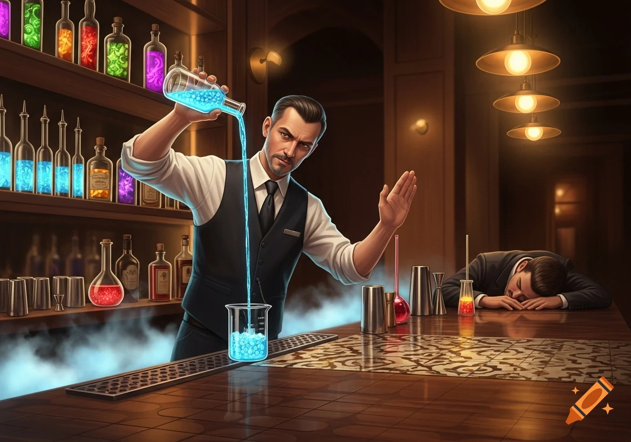 A stylized bartender with glowing blue liquid pours it into a beaker while a customer sleeps on the counter in a dark, alchemist-themed bar.