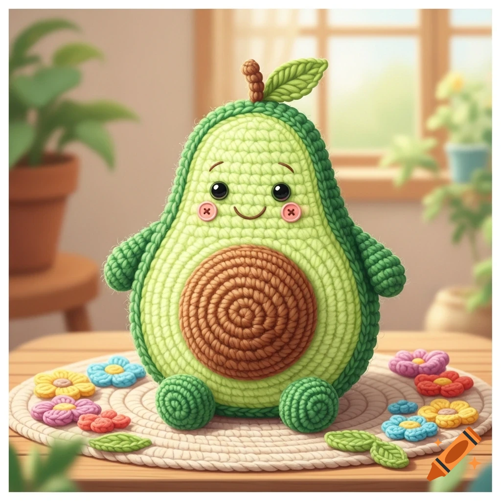 A smiling crochet avocado toy with button eyes sits on a woven mat surrounded by colorful crochet flowers in a cozy indoor setting.
