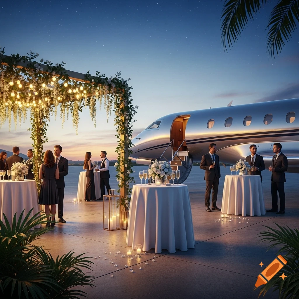 A formal cocktail reception outdoors at dusk next to a private jet, with guests mingling around candlelit tables and a floral arch.