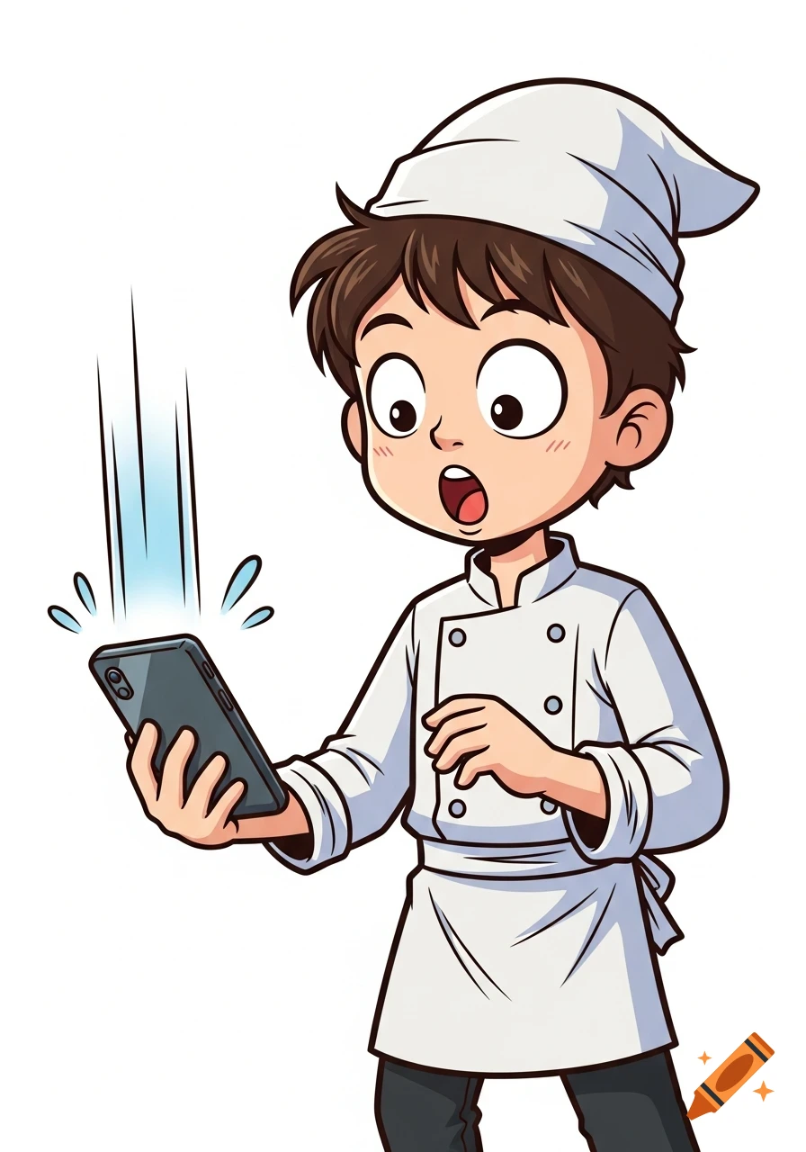 A cartoon chef with huge shocked eyes drops his phone in surprise in a comic style illustration.