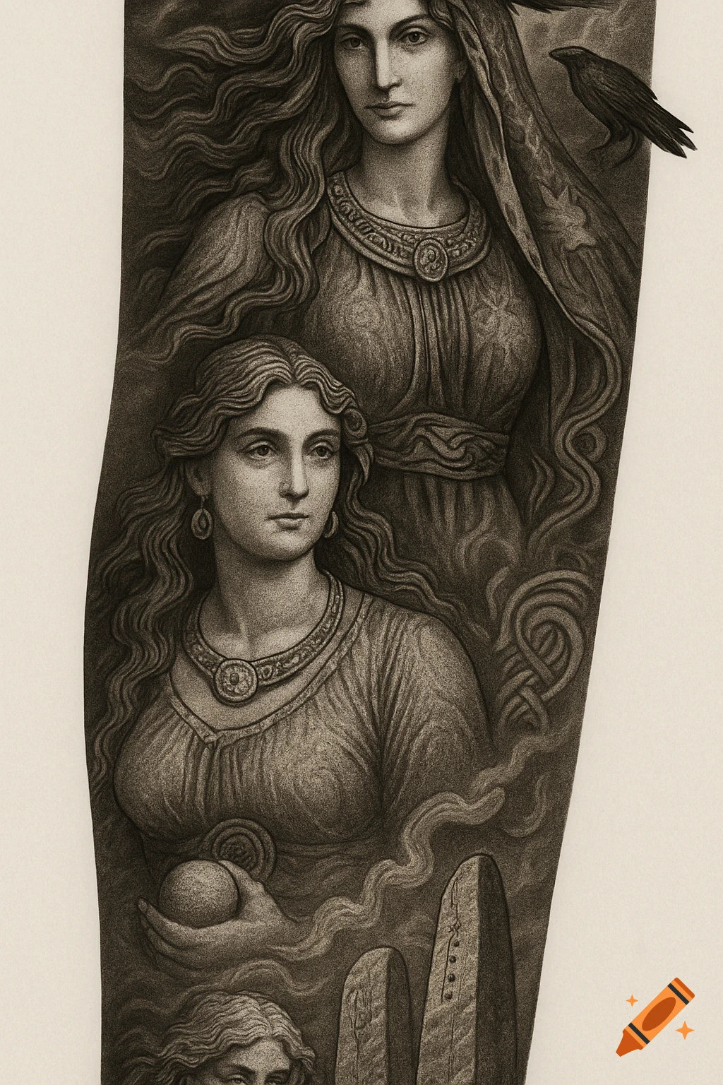 Black and grey engraving of two Celtic goddesses with flowing hair, a raven, and standing stones.