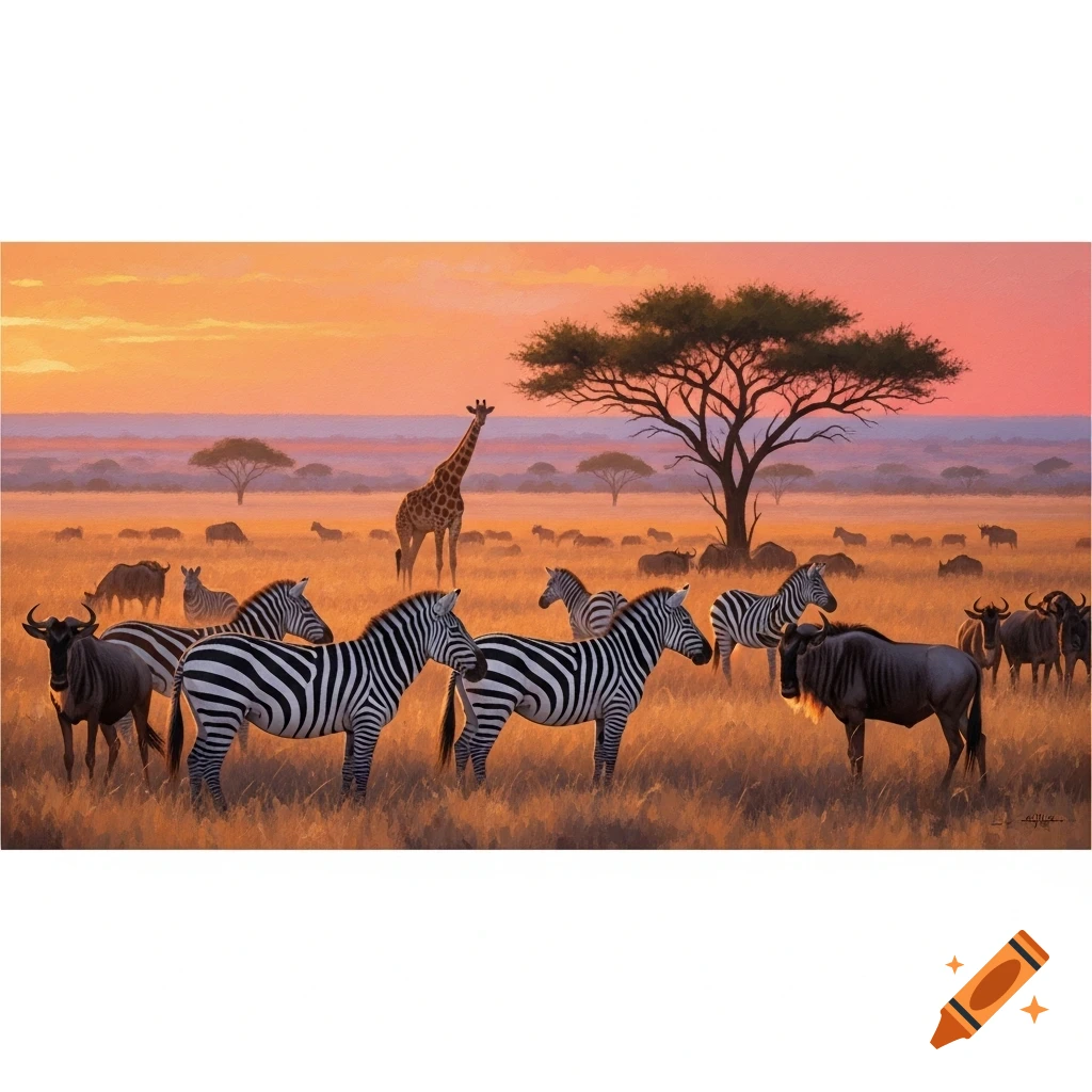 Impressionist painting of a golden hour safari with zebras, wildebeest, and a giraffe under a tree.