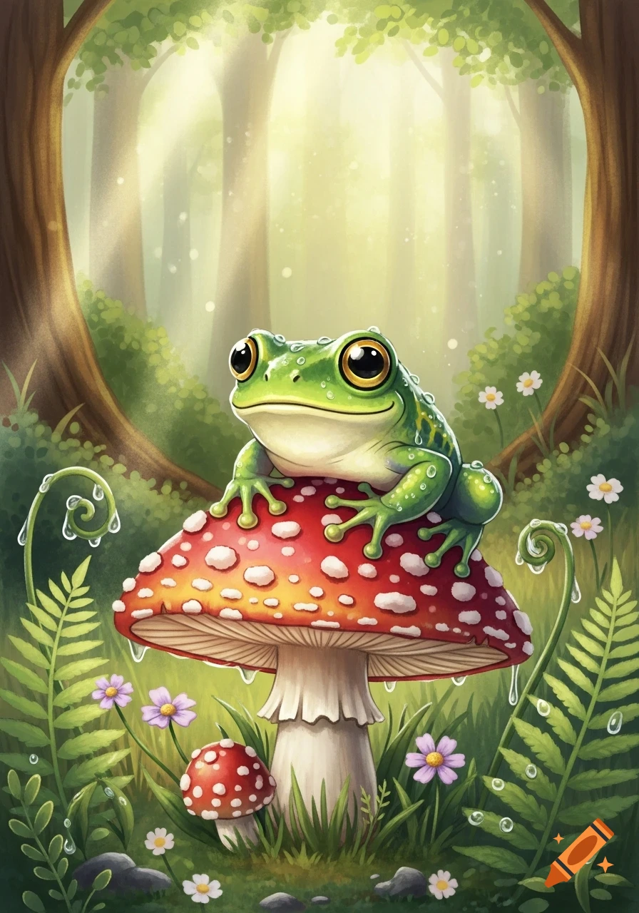 A cute green frog with big eyes sits on a red and white spotted mushroom in a lush, sunlit forest.