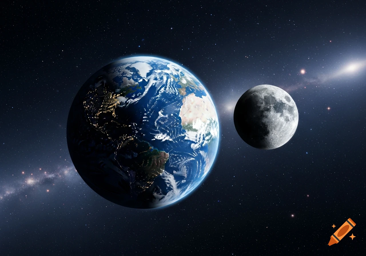 Photorealistic view of Earth and its Moon in space, with stars and a nebula in the background.