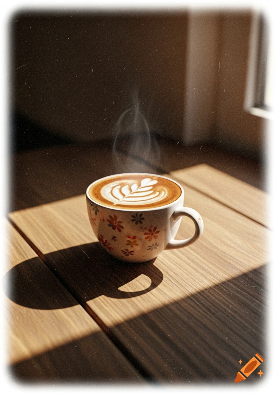 A steaming cup of coffee with latte art sits on a wooden table in sunlight, featuring a grainy, filtered aesthetic.