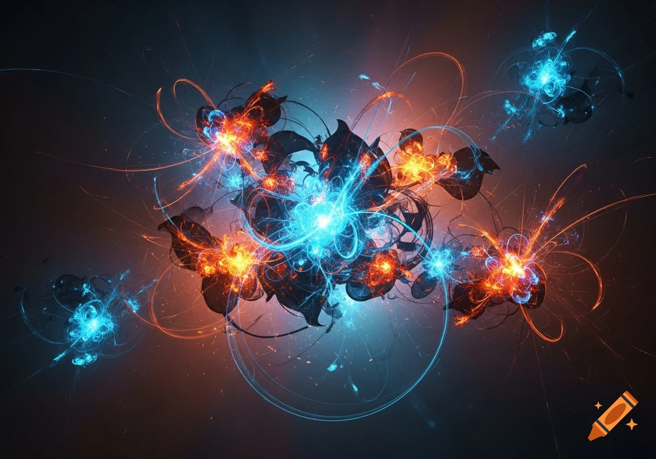 Abstract digital art featuring a bright blue central energy burst surrounded by glowing orange and blue fractal shapes against a dark background.