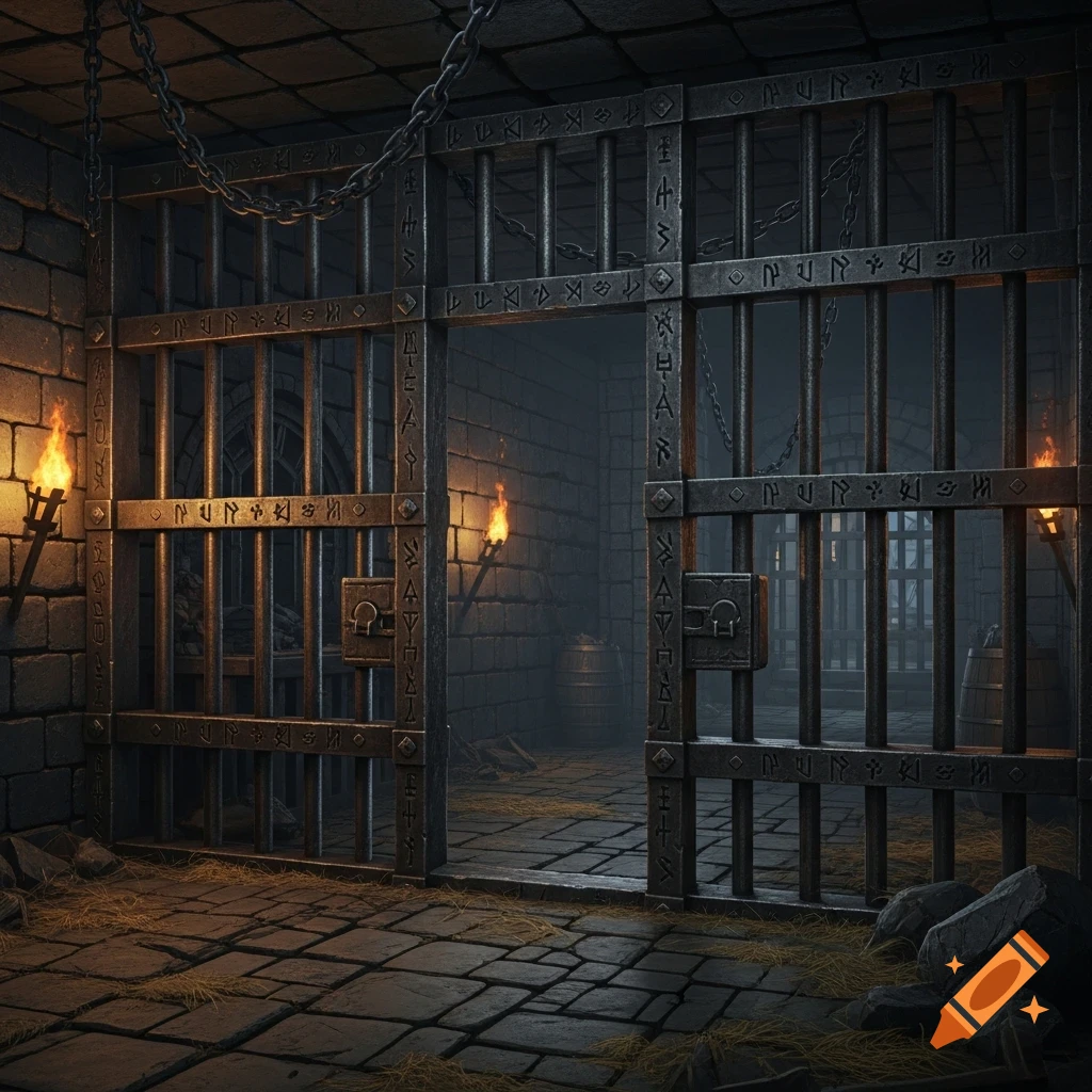An atmospheric medieval dungeon jail cell with open iron gates, lit by wall-mounted torches and chains hanging from the ceiling.