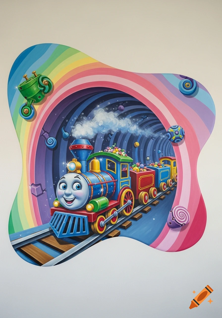 A cheerful, anthropomorphic toy train with a smiling face emerges from a colorful, rainbow tunnel, in a whimsical, bright illustration.