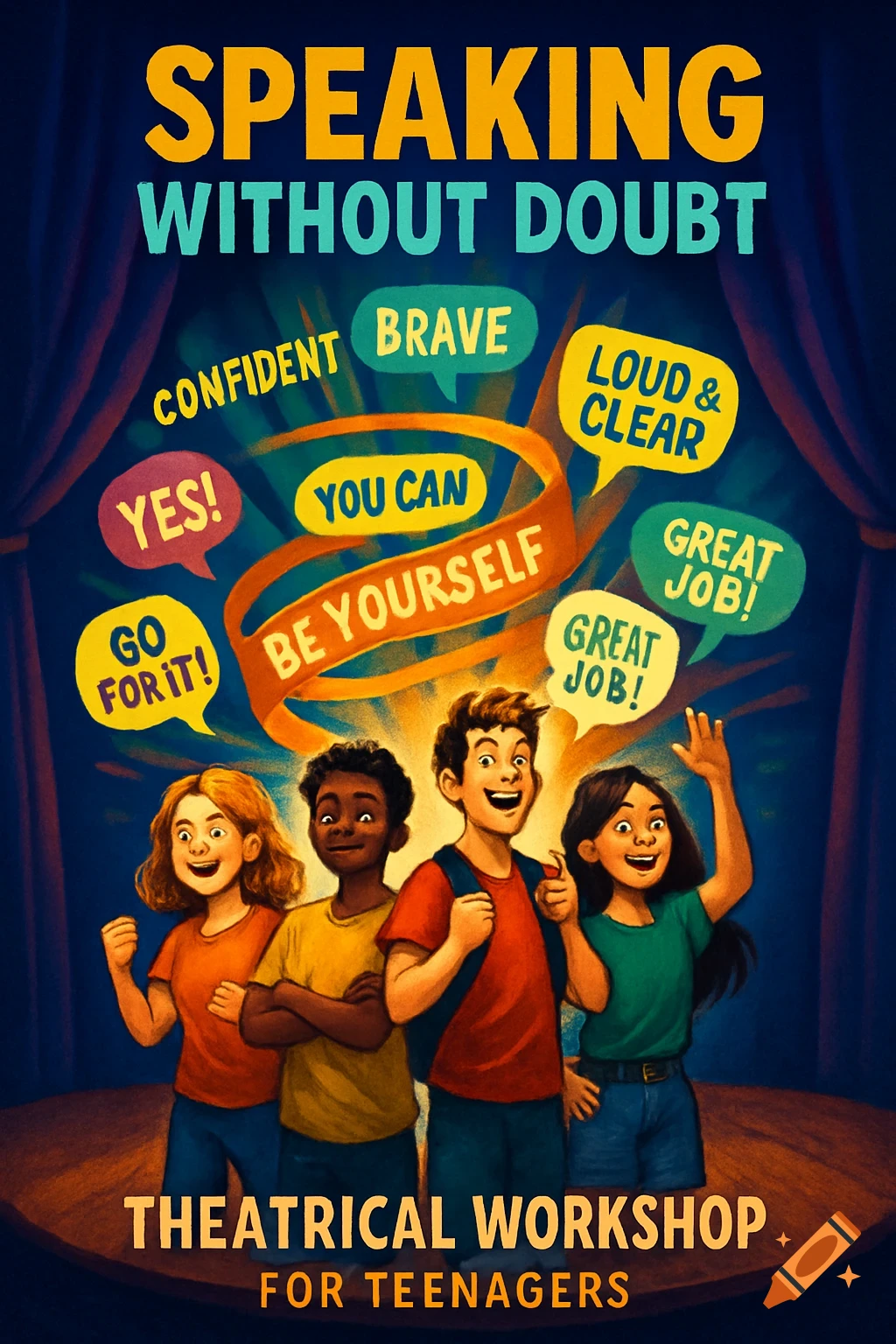 A colorful poster features four diverse teenagers on a stage, surrounded by motivational speech bubbles, advertising a "Speaking Without Doubt Theatrical Workshop".