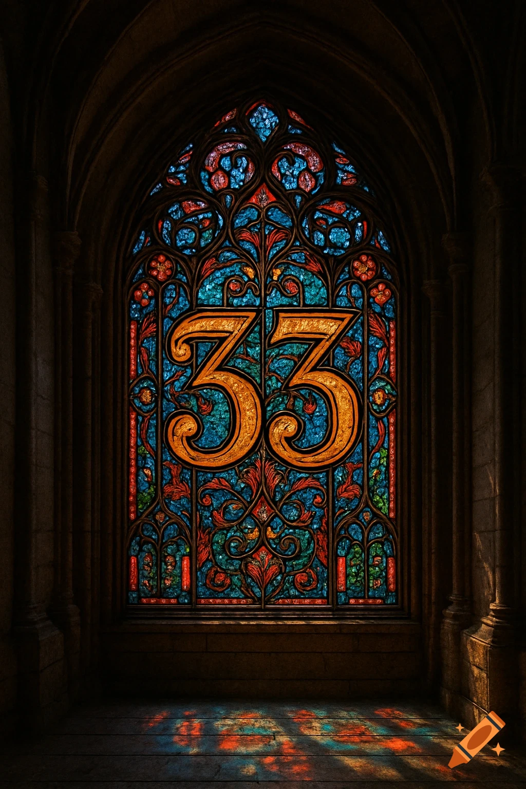 A gothic stained glass window featuring the number 33 in a church archway, casting colorful light on the stone floor.