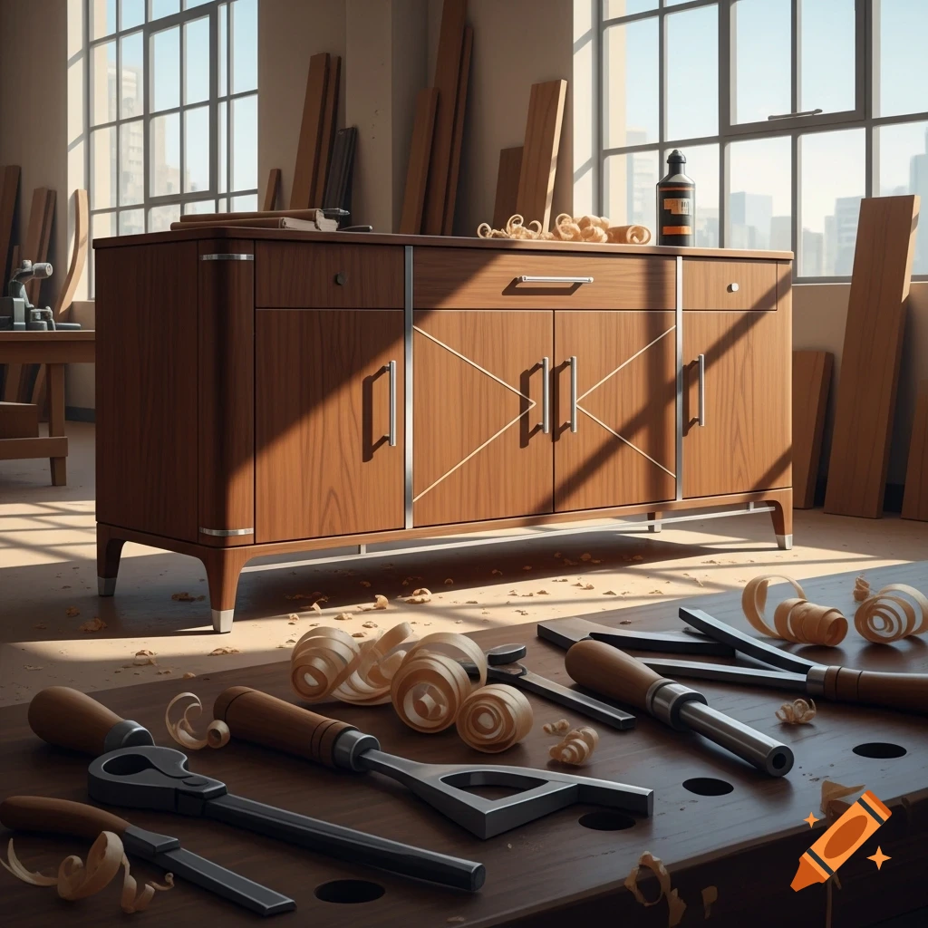 A detailed woodworking shop with a new wooden cabinet, various chisels and hand tools on a workbench, and wood shavings.