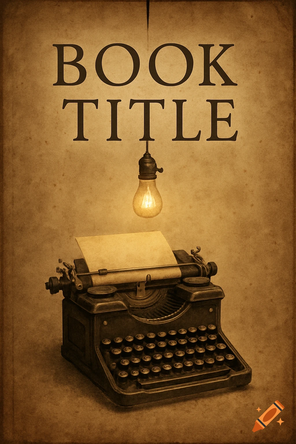 A vintage typewriter under a glowing lightbulb on a sepia-toned book cover background with 'BOOK TITLE' text.