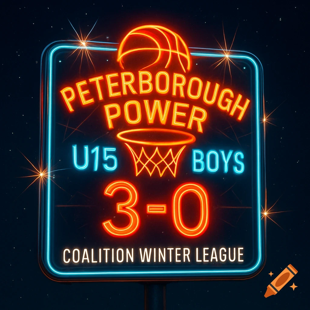 A vibrant neon sign for "Peterborough Power U15 Boys" basketball, displaying a "3-0" score in the "Coalition Winter League," set against a dark, starry background.